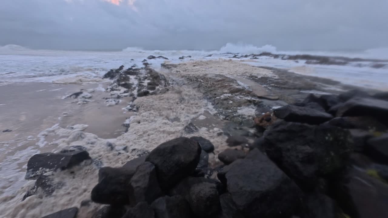 Harsh Waves Slamming And Rolling Ashore During Cyclone Alfred At Snapper Rocks In Queensland, Australia. panning shot
