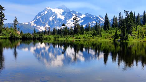 stunning mirror lake reflecting snow covered cascade mountain