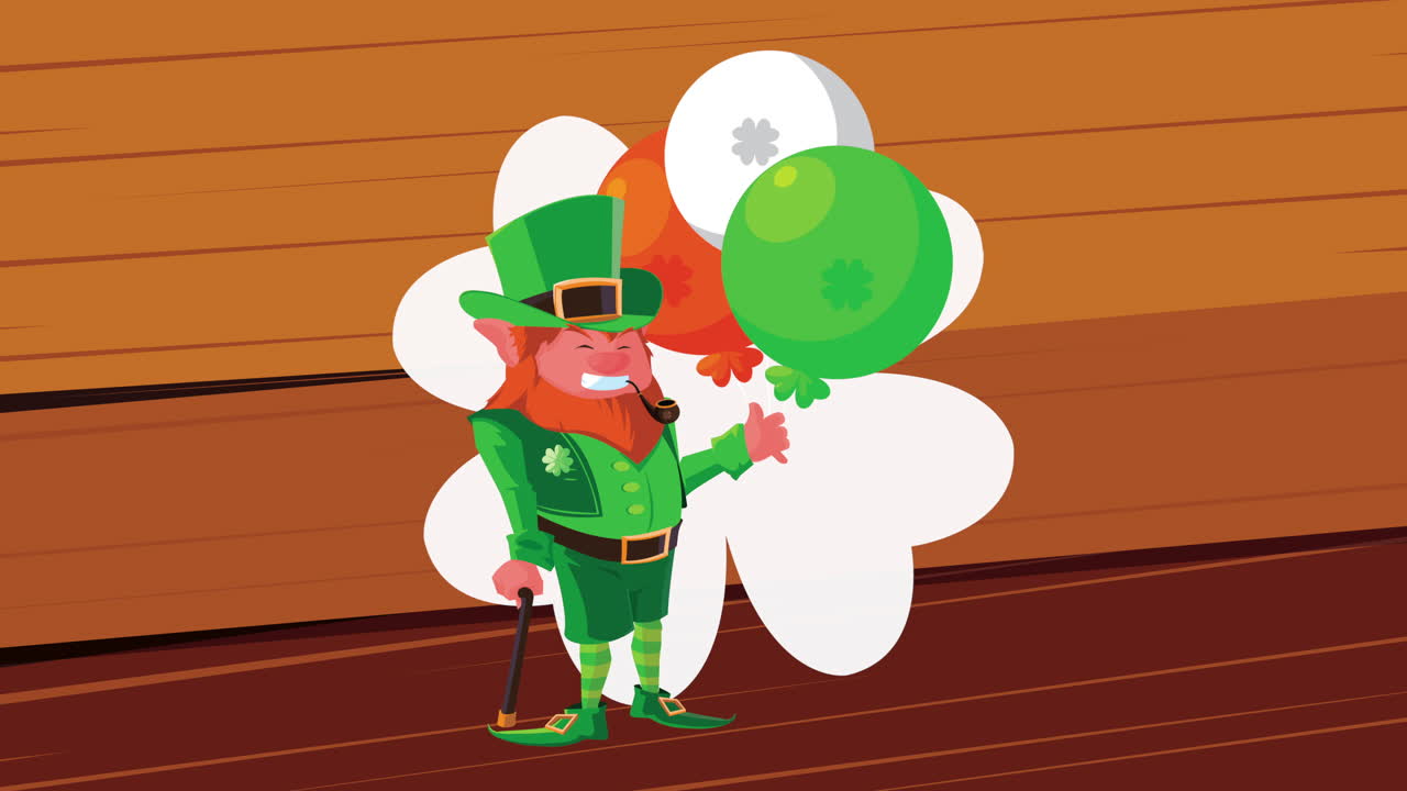 animazione di happy saint patrick's day con personaggio leprechaun e palloncini di elio sullo sfondo di legno