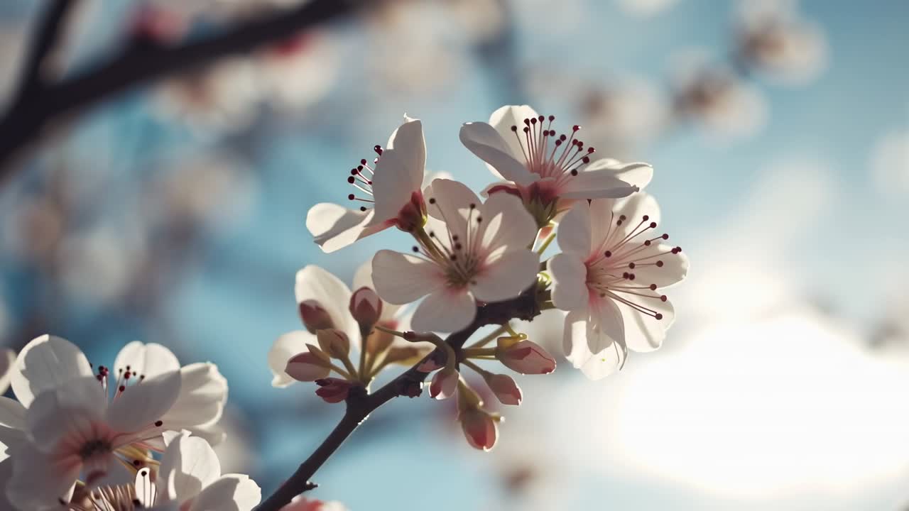Swaying pale pink-white blossoms responding to light breeze in park, sun creating lens flare