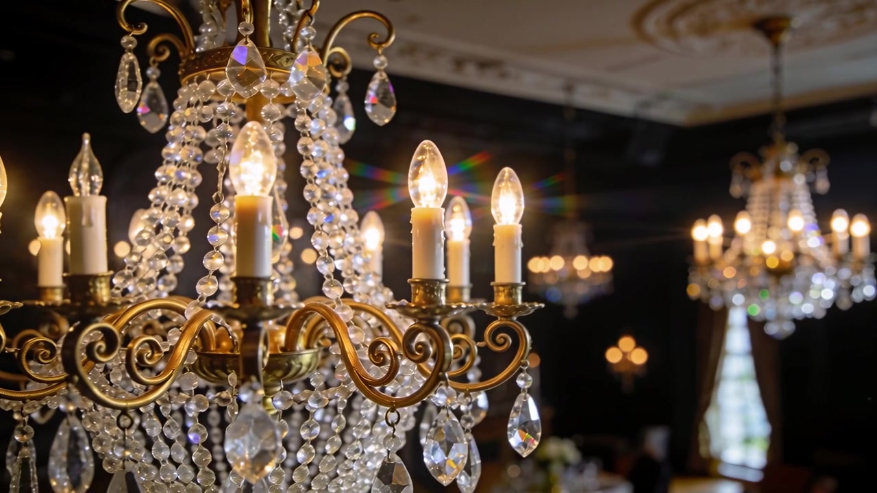 Rivelando un lampadario di cristallo ornato, la telecamera si allontana e rifocalizza nella sala da ballo, con i cristalli che brillano