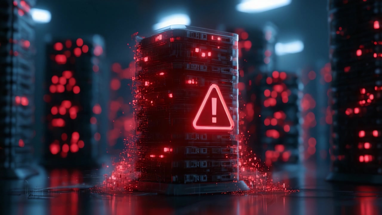 A Dramatic Visualization of a Critical System Alert in a High-Tech Data Center, Highlighting the Urgency of Server Malfunction with Red Warning Indicators