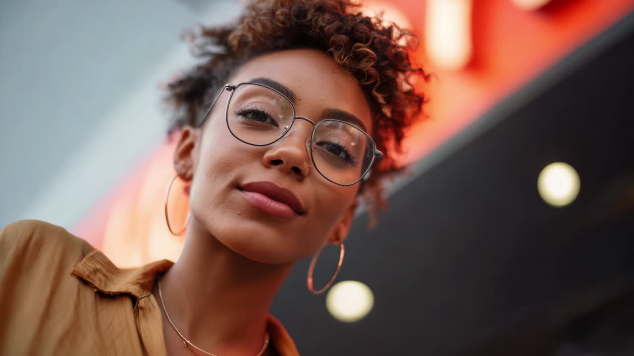 A Confident Young Woman with Curly Hair and Glasses Captured in a Vibrant Urban Setting, Showcasing Her Stylish Outfit and Radiant Smile, Illuminated by the Soft Glow of City Lights in the Background