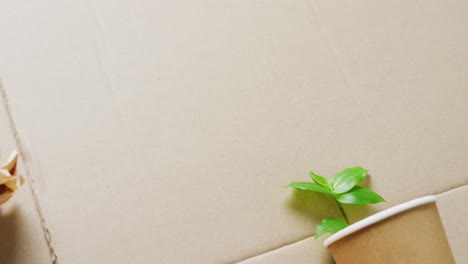 close up of paper trash and cup with plant on cardboard background, with copy space