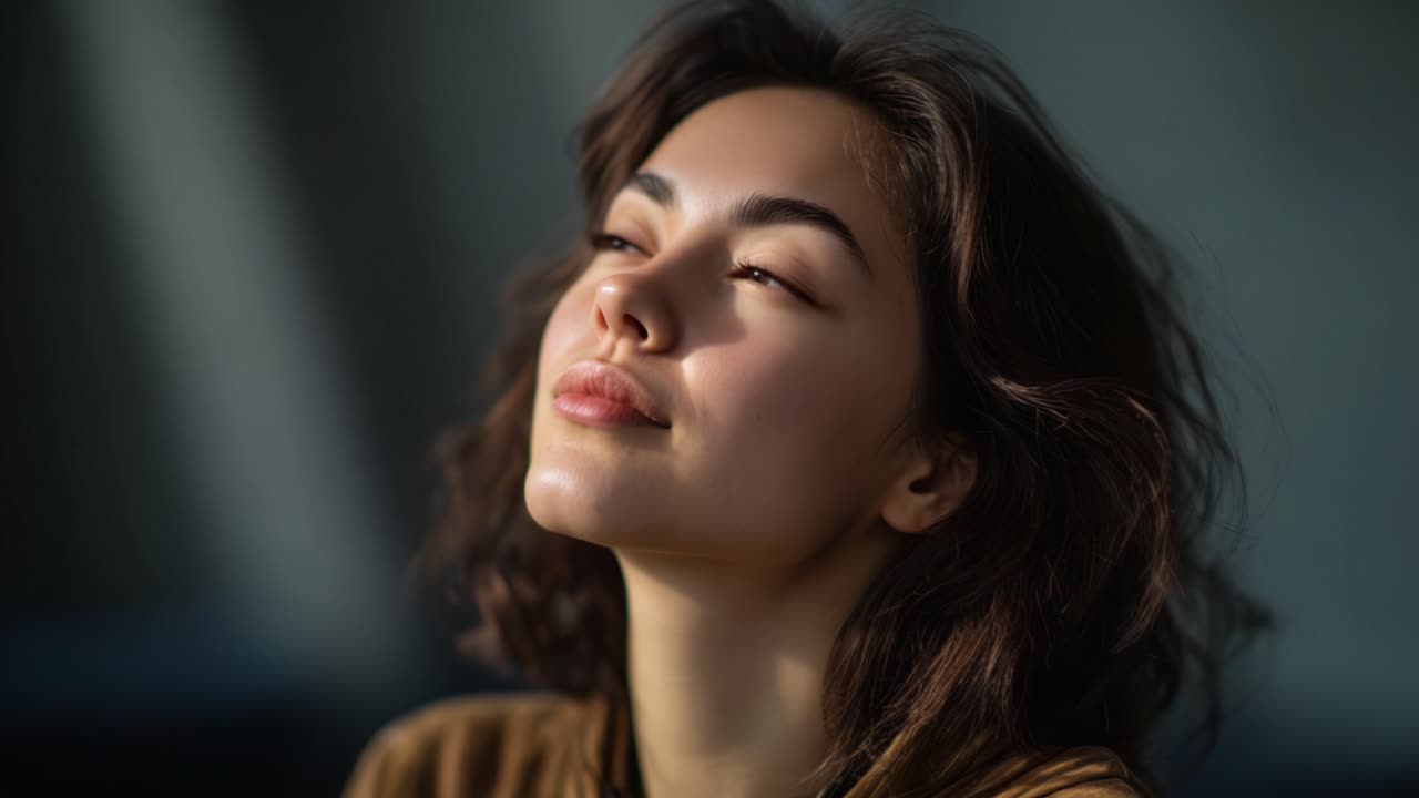 A serene moment captured, showcasing a woman's peaceful expression as she enjoys a calm ambiance, with her eyes closed and a gentle smile on her face