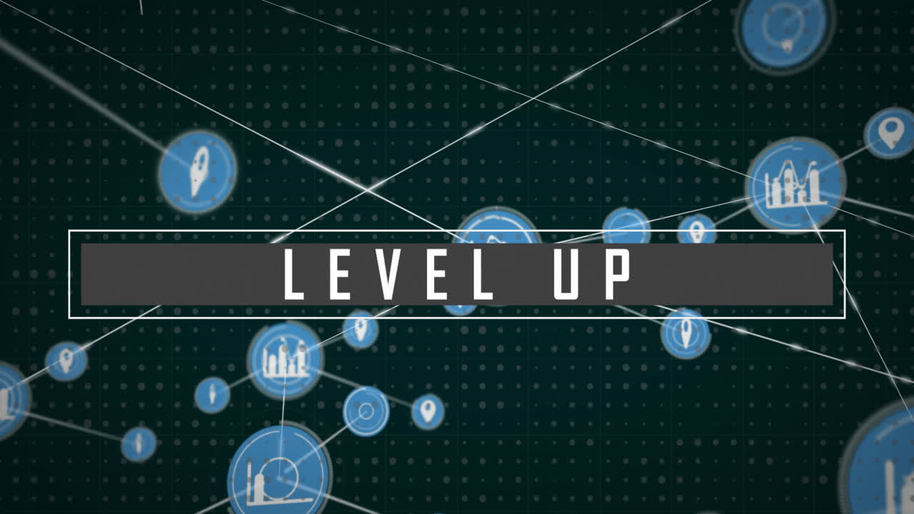 녹색 배경에 레벨 업 텍스트 배너와 디지털 아이콘 네트워크의 애니메이션