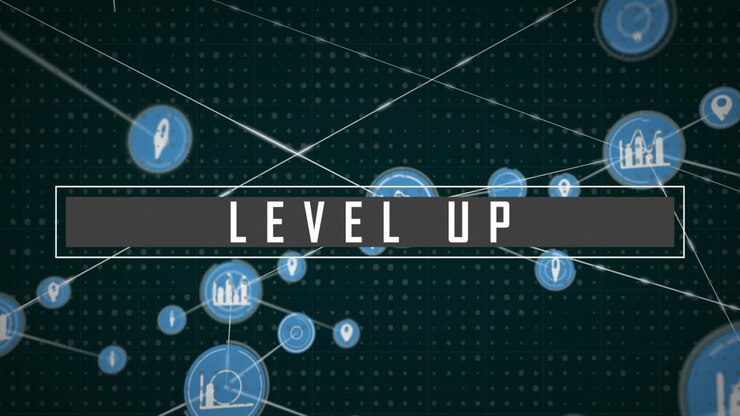 Animation of level up text banner and network of digital icons against green background