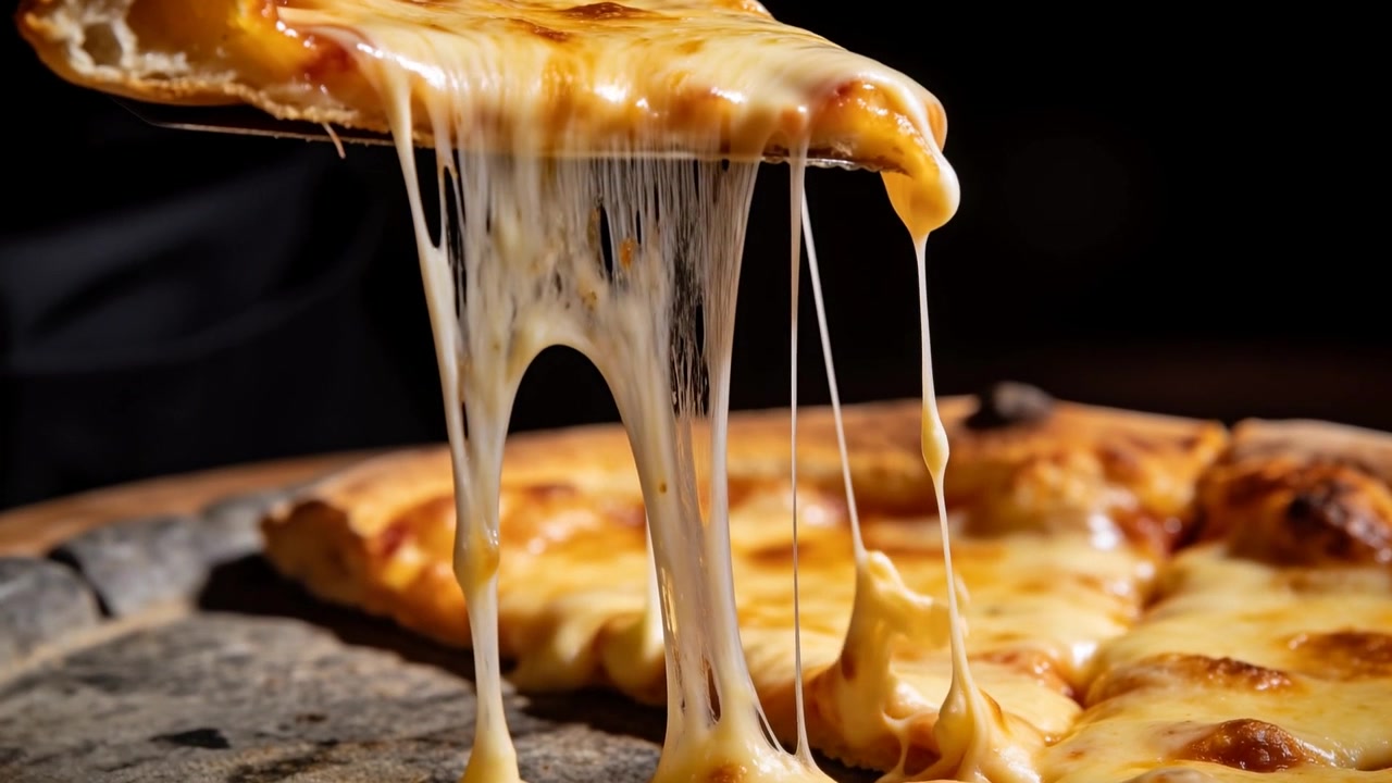 Ruka mimo záběr zvedá plátek sýrové pizzy nahoru na lopatě pro servírování, tvoří dlouhé prameny.