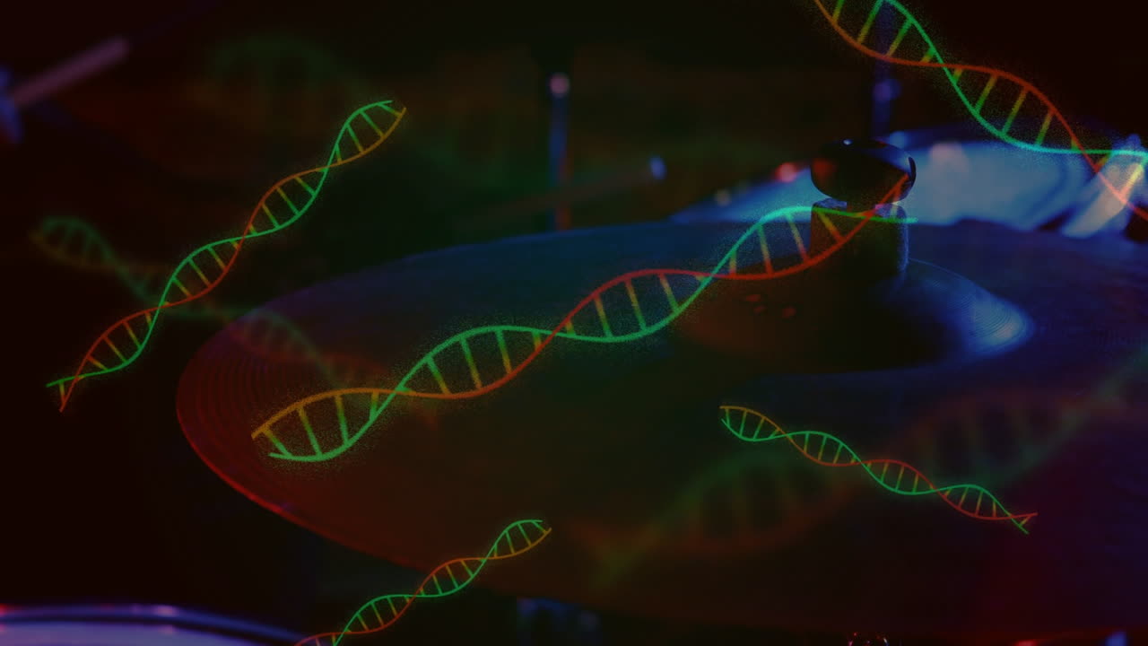 Metallic drum cymbal glowing in 3D render while floating DNA helices weaving around
