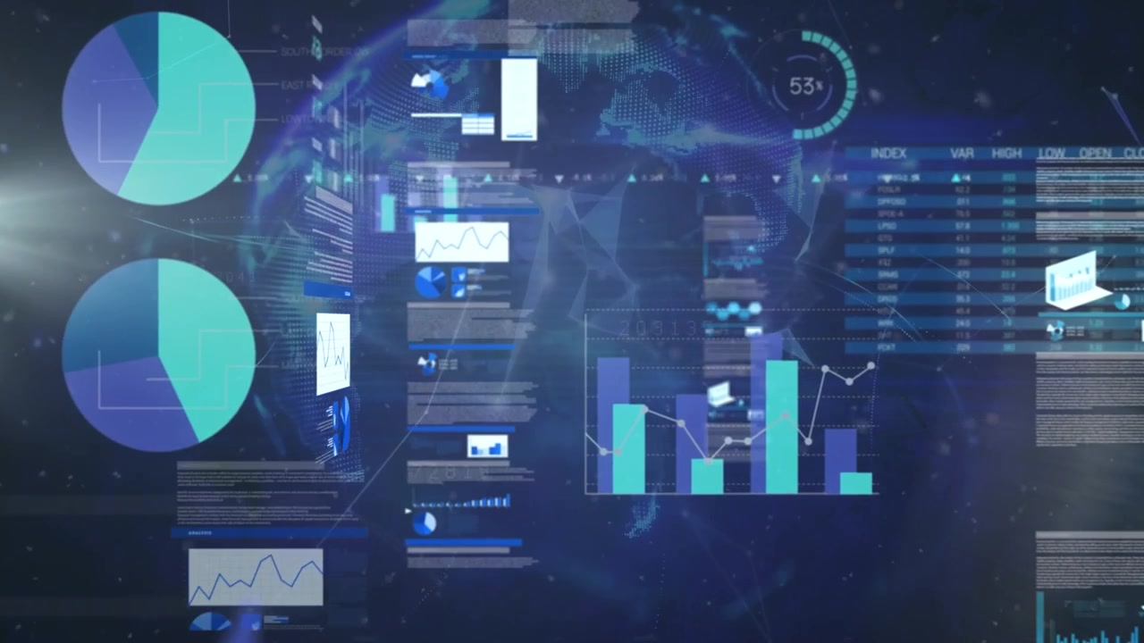 Animation of digital screen with diverse data, graphs and globe