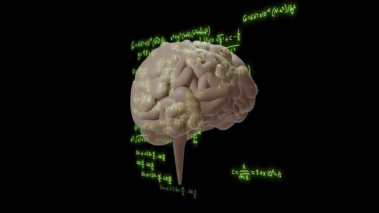 animación de ecuaciones matemáticas sobre el cerebro giratorio en fondo negro