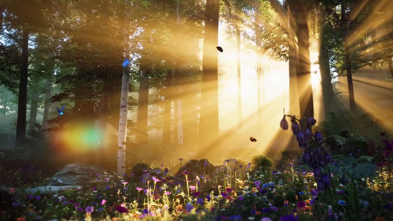 Solbelyst skog med färggranna blommor, fångad på marknivå. Idealisk för en lugn naturvideo. Live