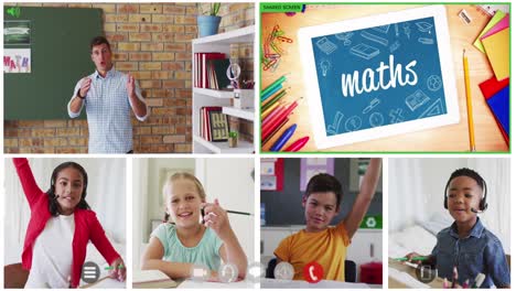 Animation-of-six-screens-of-diverse-children,-teacher-and-maths-text-during-online-school-lesson