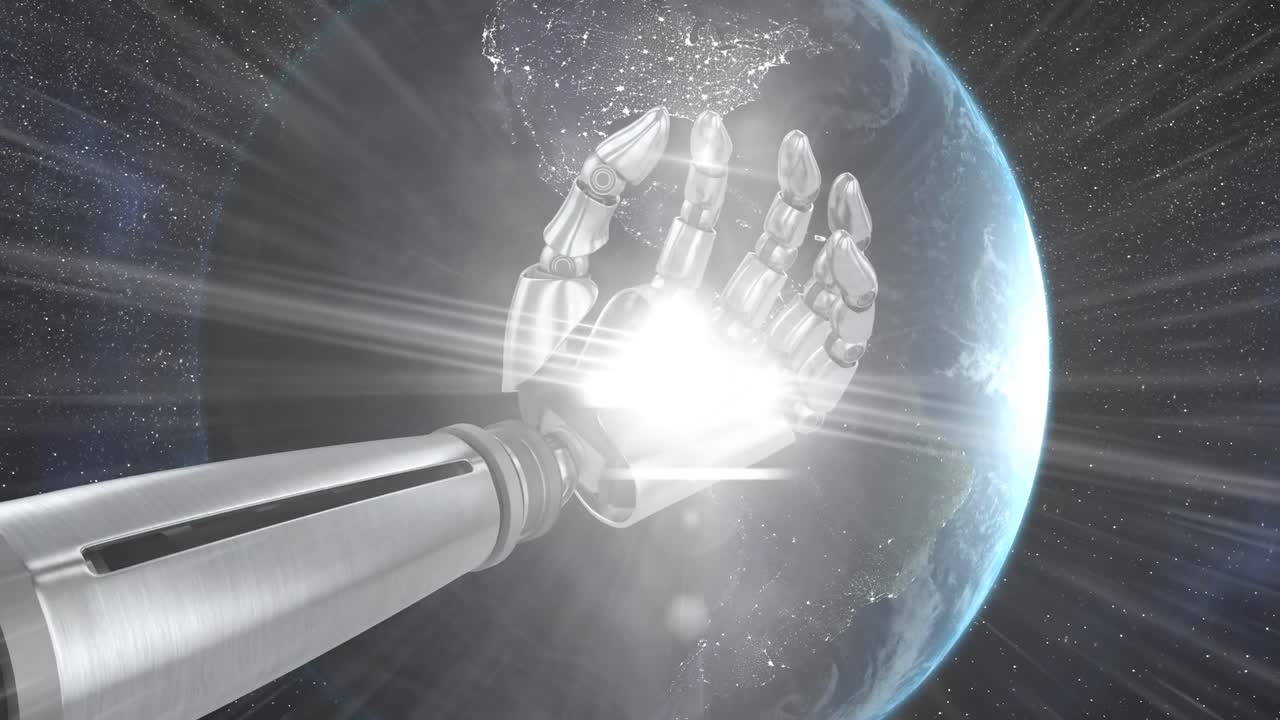 검은 바탕에 로 ⁇  손과 지구를 배경으로 밝은 빛의 점의 디지털 애니메이션