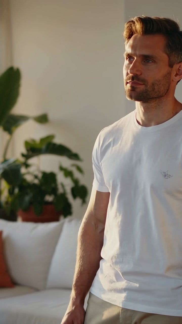 Vertical video: Turning man in white tee tan pants at home shifting gaze as sun warming sofa plants