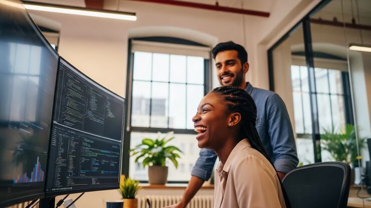 In a modern office setting, two colleagues are engaging with a computer screen displaying complex data and graphs. The woman, with braided hair, laughs while the man observes her, showcasing teamwork and collaboration in technology