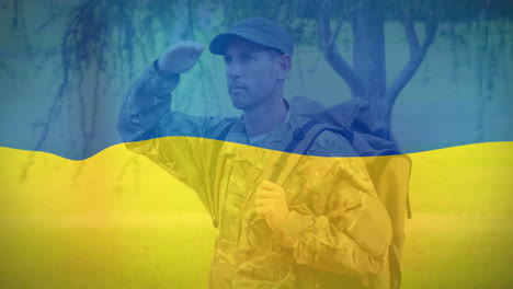 animación de la bandera de ucrania sobre un soldado caucásico