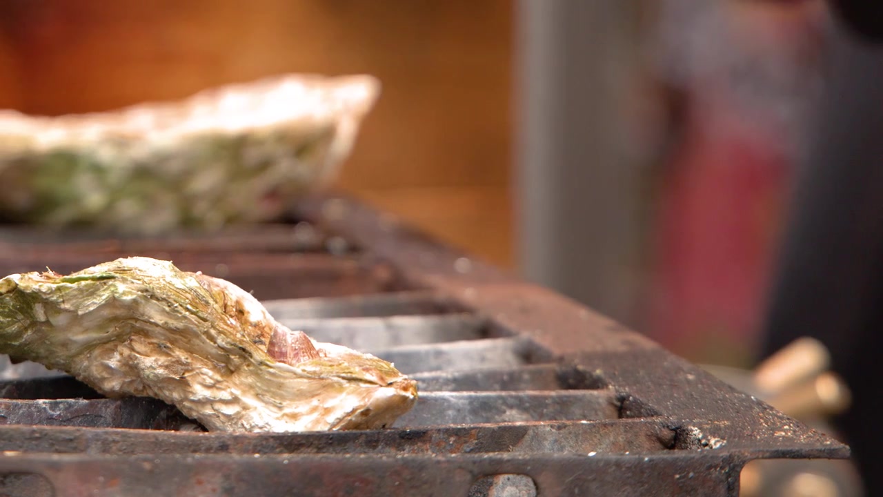 Close-up shot of fresh oysters in shells grilling on a metal grate over open flames.