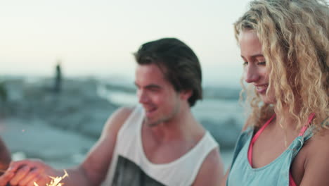 beach, sparklers and friends together outdoor