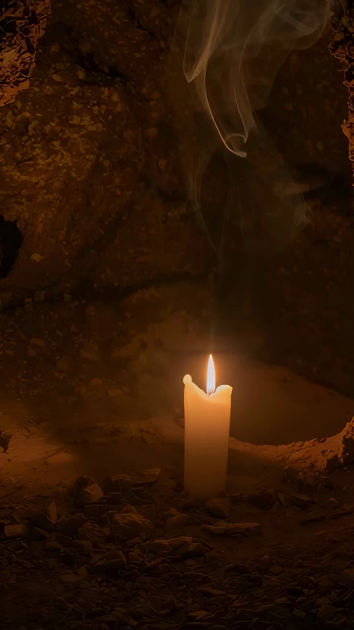 Vertical video: Burning pale pillar candle flickering as frames progress in cave niche, wax melting