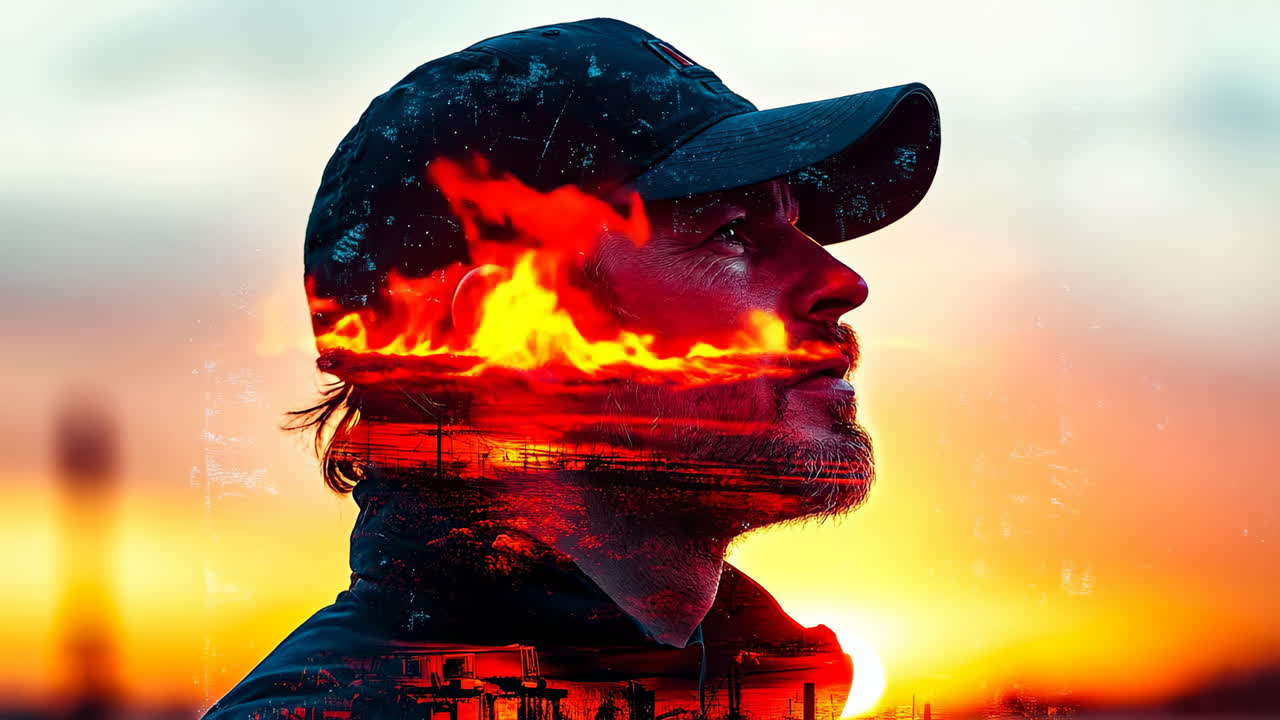 Silhouette of a man at sunset. A man gazes upwards against a vibrant sunset, the colors reflecting on his face and creating a dramatic effect