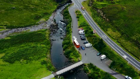 Aerial-Drone-Shot-of-Road-Next-to-Loch-Achtriochtan-in-Glen-Coe