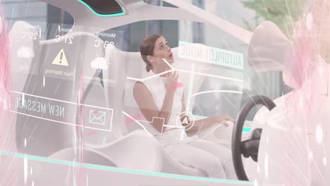 animation of statistics and data processing over woman in self drive car