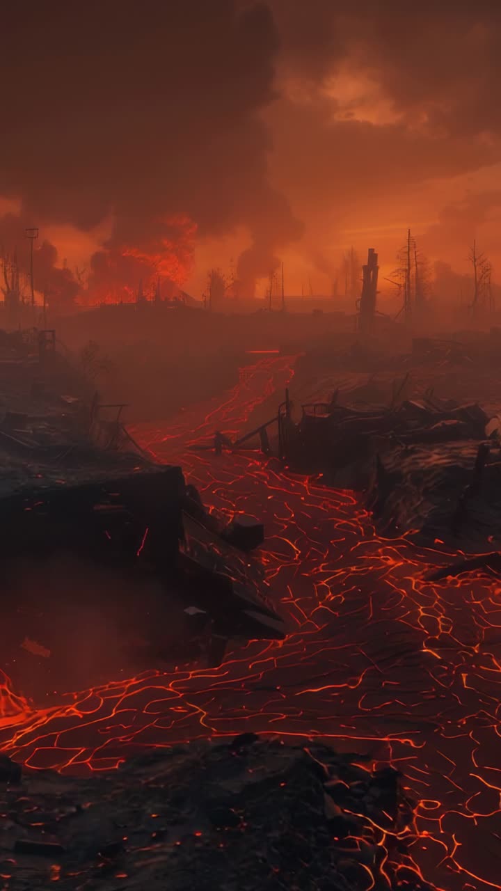 Vertical video: Flowing lava river pulsing through valley under rising smoke and drifting embers