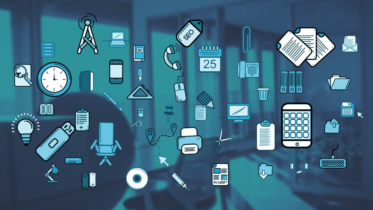 iconos coloridos de elementos de la oficina fuera de foco de la oficina en el fondo