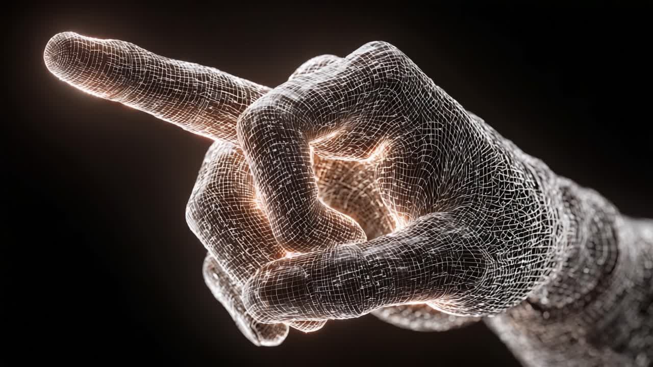 A Detailed Representation of an Outstretched Pointing Hand in a Futuristic Wireframe Design, Emphasizing Technology and Digital Art Concepts