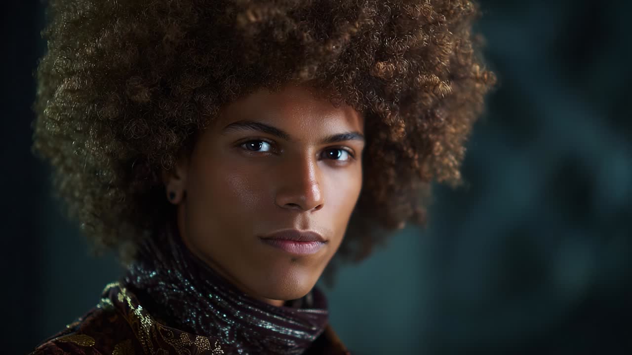 Stunning Portrait of a Confident Individual with Voluminous Curly Hair Captured in Soft Lighting, Showcasing Unique Style and Strong Facial Features Against a Dark Textured Background