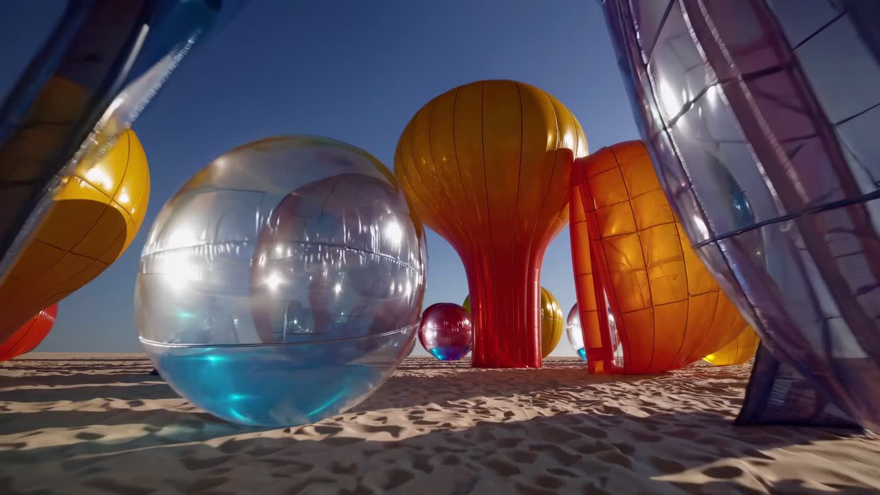 Giant colorful inflatable balloons of different shapes and sizes are standing on a sandy beach under a clear blue sky, creating a surreal and dreamlike landscape