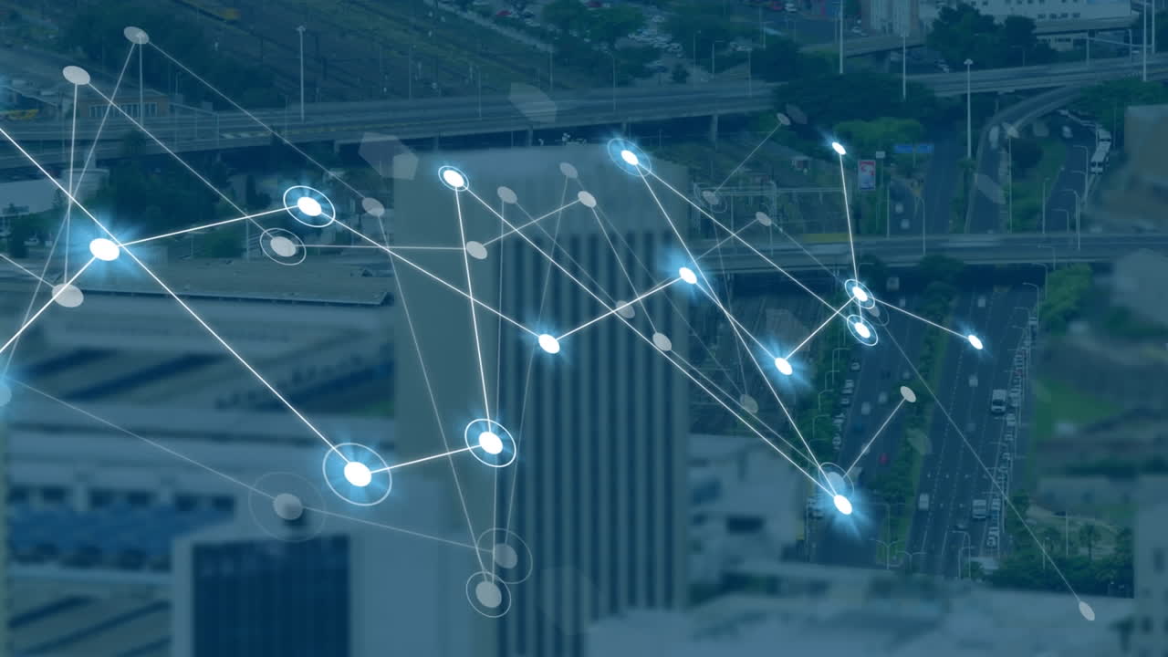 Animation of network of connections against time-lapse of aerial view of cityscape