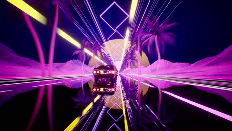 coche y ciudad en estilo neón. fondo de onda retro de los años 80 animación 3d. coche futurista retro conducir a través de la ciudad de neón