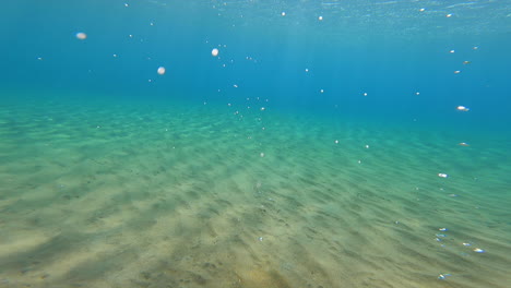 seabed underwater footage, sand with ripples and opaque blue water, action cam