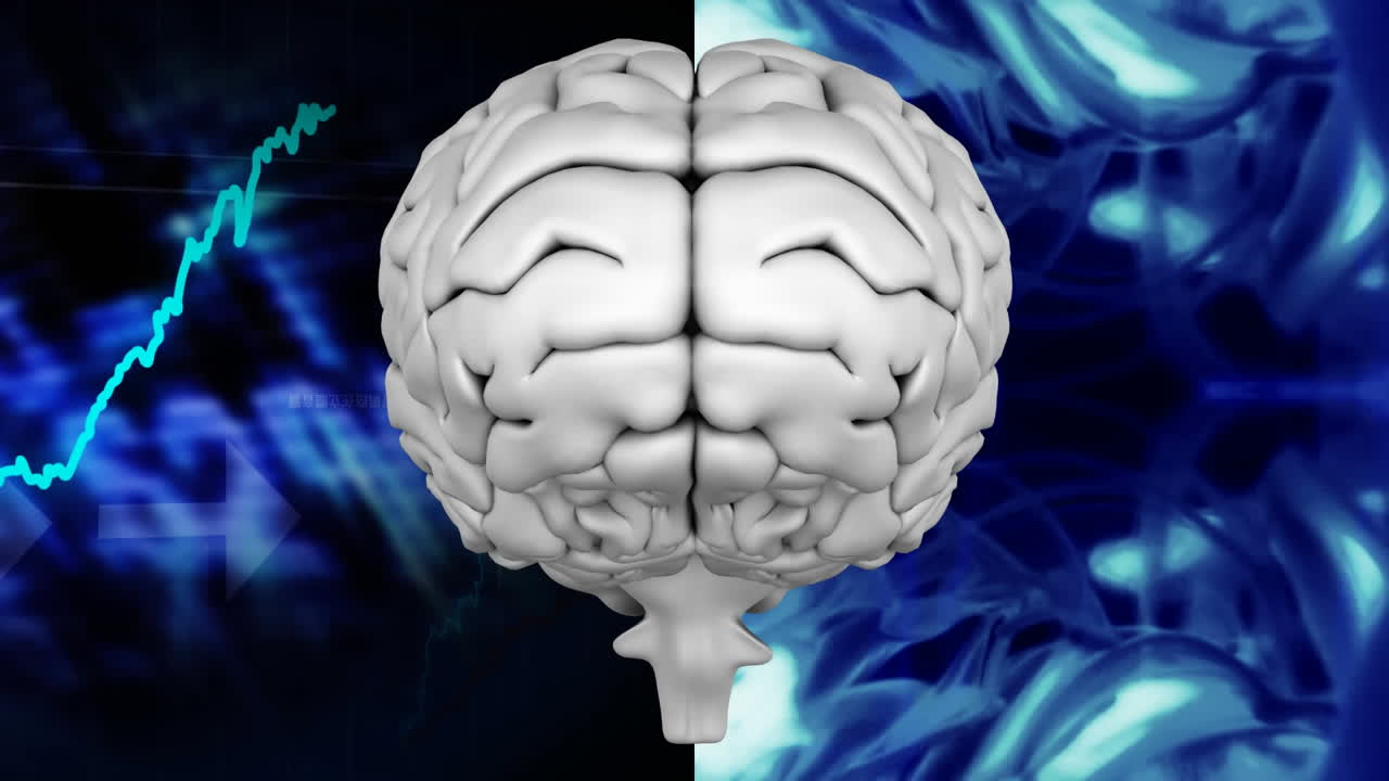 animación de la parte superior del cerebro contra un código binario y gráficos