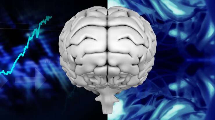 Animazione della parte superiore del cervello su uno sfondo di codici binari e grafici