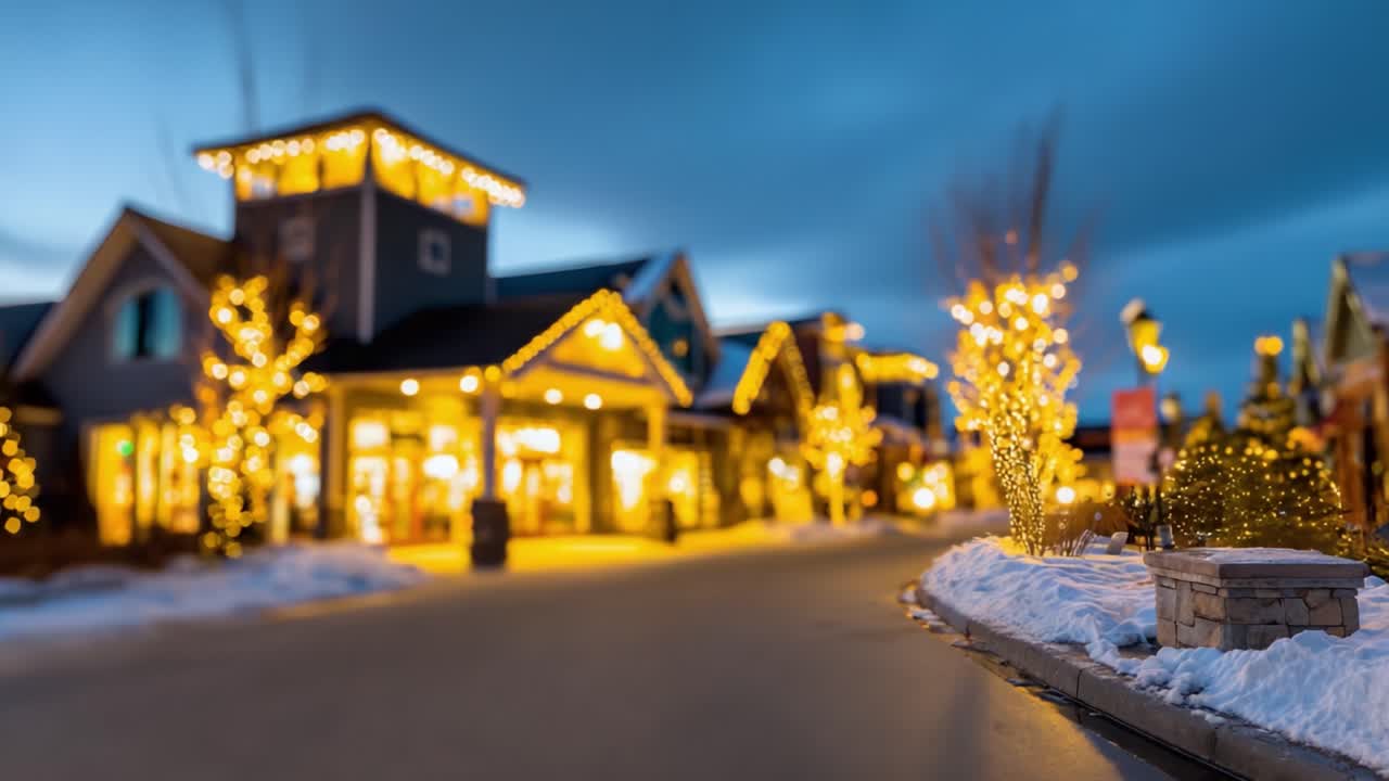 Enchanting Winter Evening: A Cozy Lit Street Scene with Charming Shops, Twinkling Lights, and Soft Snow Covering in a Picturesque Winter Wonderland