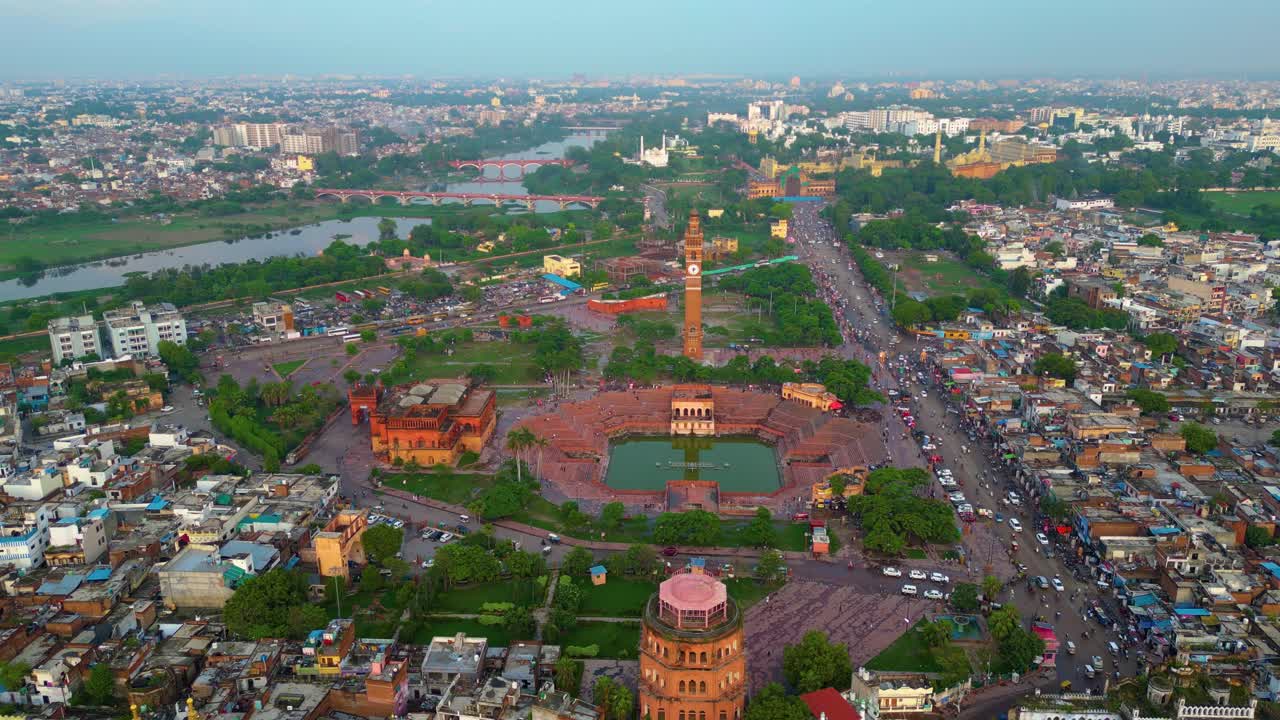 Husainabad Clock Tower and Bada Imambara India Architecture view from drone