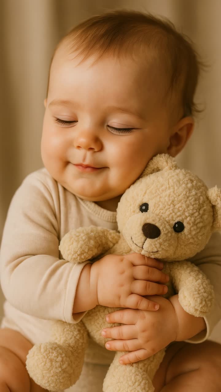 A heartwarming close-up of a baby cuddling a teddy bear, captured from a front angle