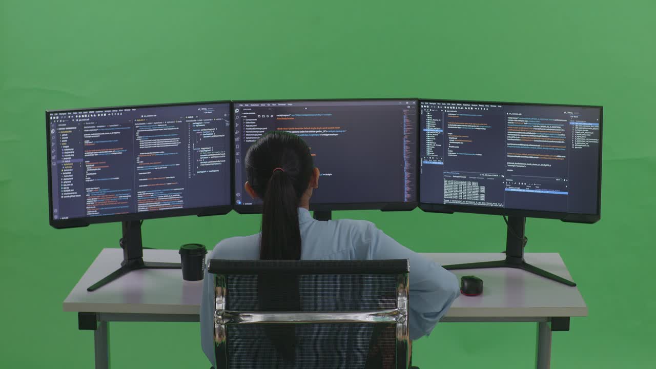 rückenansicht einer asiatischen entwicklerin mit rückenschmerzen beim schreiben von code mit mehreren computerbildschirmen im green screen studio