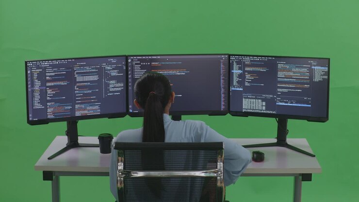 Back View Of Asian Woman Developer Having Backache While Write Code With Multiple Computer Screens In Green Screen Studio