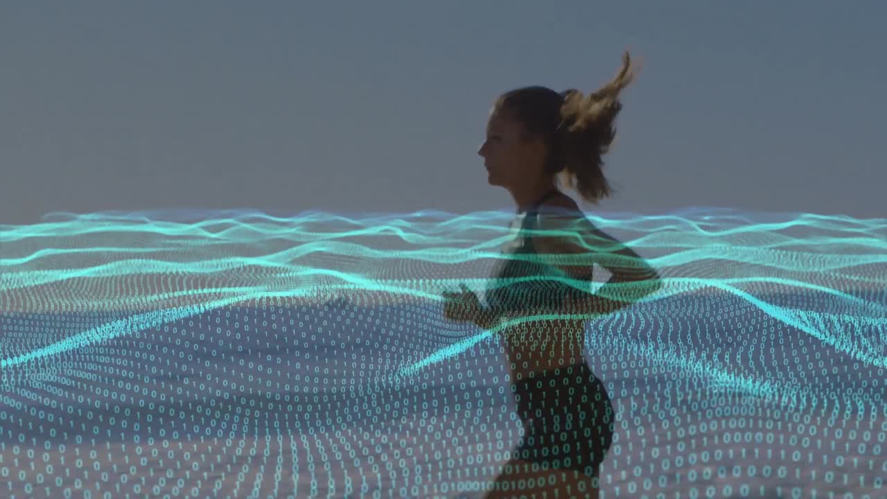 animación de puntos sobre mujer caucásica corriendo en la playa
