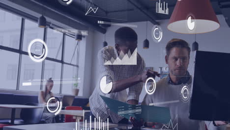 Business data analytics animation over colleagues collaborating in modern office