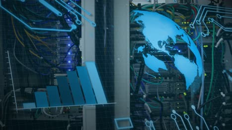 animación del giro del globo y procesamiento de datos a través de cables en un servidor informático