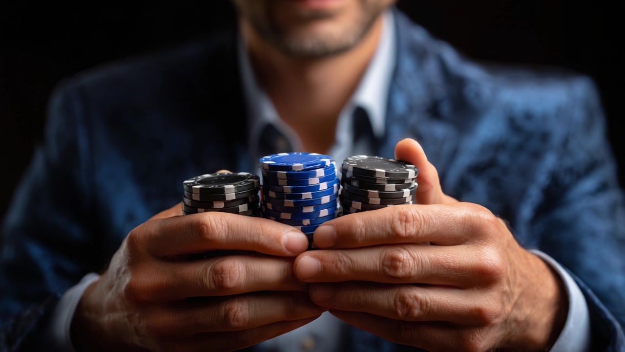 Et engasjerende øyeblikk i et pokerparti med høye innsatser: Et nærbilde av en spiller som holder ulike pokerchips i en mørk, dramatisk atmosfære.