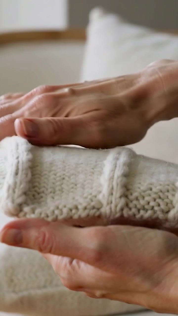 Video verticale: Mani che sollevano e lisciano un capo in maglia color crema piegato su un cuscino del divano, controllandone la consistenza e l'anello.