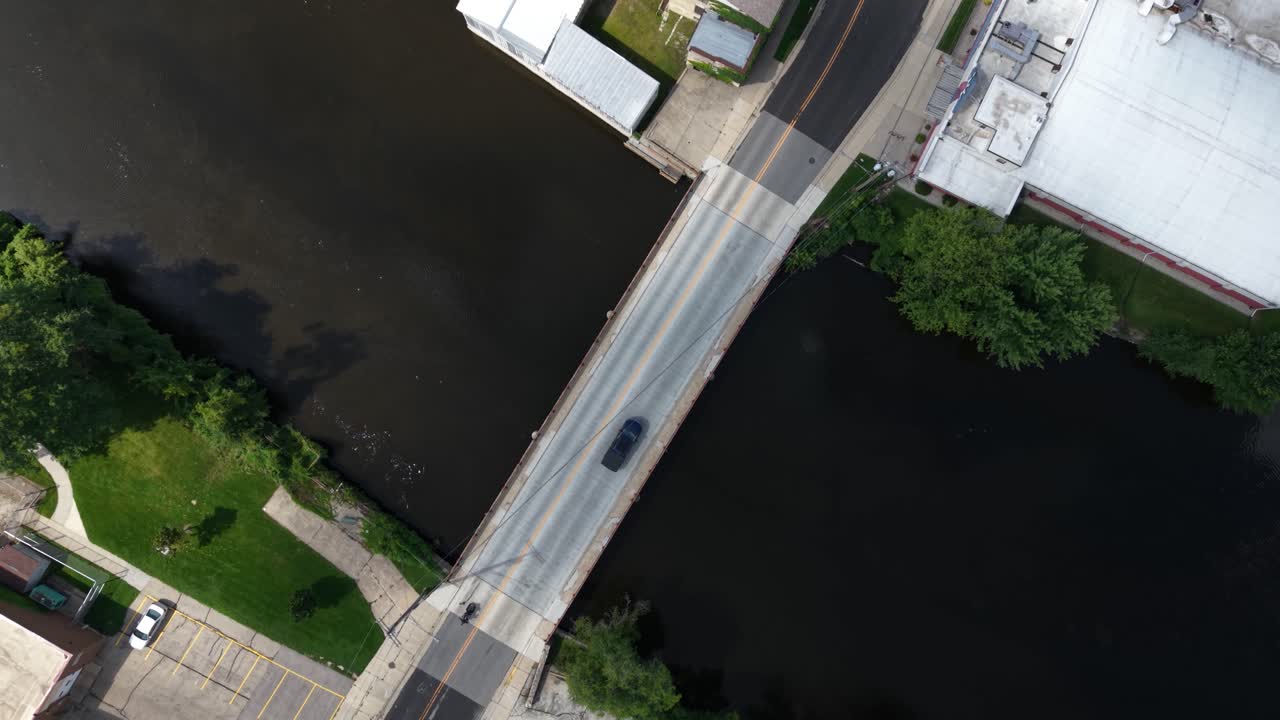 Aerial view of bridge in small midwest town