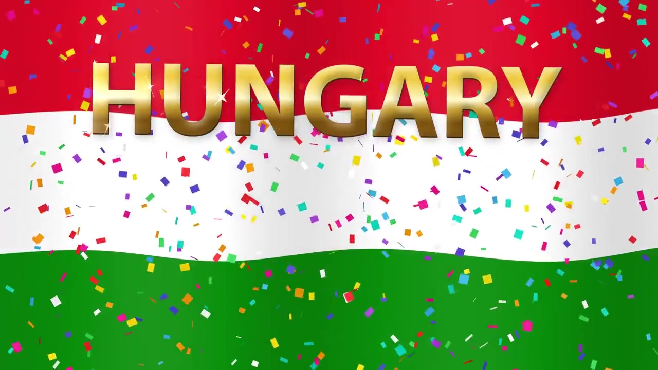 Animeret viftende nationalflag fra Ungarn med gylden 3D-tekst og farverig faldende konfetti.