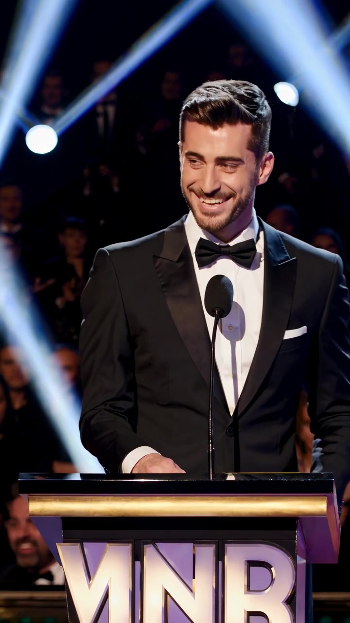Uomo in smoking che presenta a una cerimonia di premiazione formale